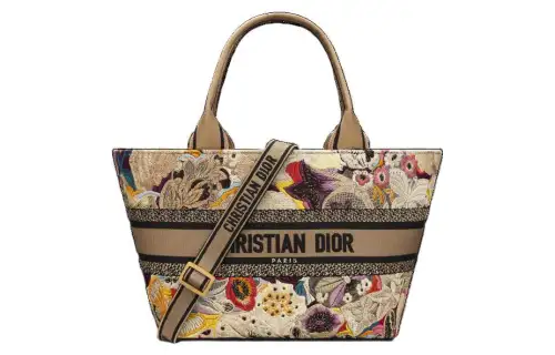 DIOR Butterfly Embroidery Tote Bag, Shopping Bag, Shoulder Bag, Crossbody Bag, Handbag Women's Beige Gray & Multicolor