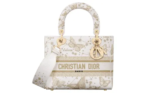 DIOR Lady D Lite Embroidery Handbag, Shoulder Bag, Crossbody Bag, Handbag Medium Women's Gold & White