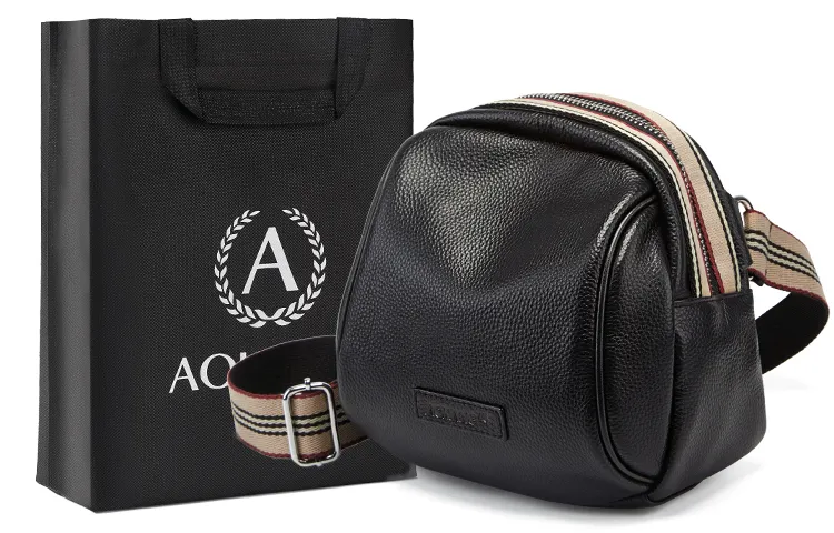AOKANG Cow Leather With Synthetic Leather Sling Bag Dome Bag One Shoulder Crossbody Medium Women's Black/Ecru