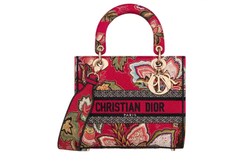 DIOR Lady D Lite Embroidery Handbag, Shoulder Bag, Crossbody Bag, Handbag Medium Women's Red Multicolor