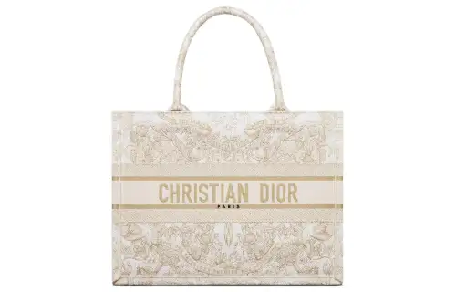 DIOR Embroidery Tote Bag, Shopping Bag, Handbag Medium Women's Gold & White