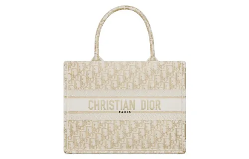 DIOR BookTote Embroidery Tote Bag, Shopping Bag, Handbag Medium Women's White & Gold
