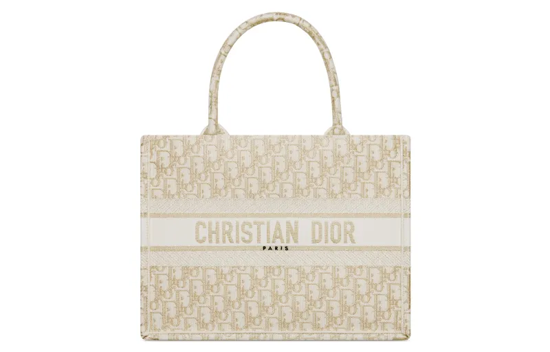 DIOR BookTote Embroidery Tote Bag, Shopping Bag, Handbag Medium Women's White & Gold