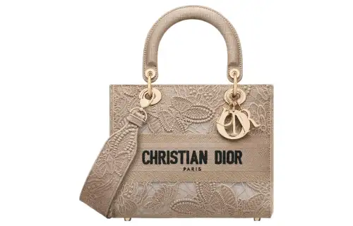 DIOR Lady D Lite Embroidery Handbag, Shoulder Bag, Crossbody Bag, Handbag Medium Women's Beige