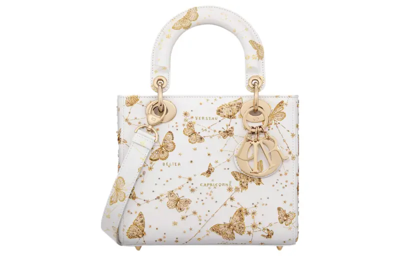 DIOR Lady D Lite Cow Leather Handbag, Shoulder Bag, Crossbody Bag, Handbag Small Women's White & Gold