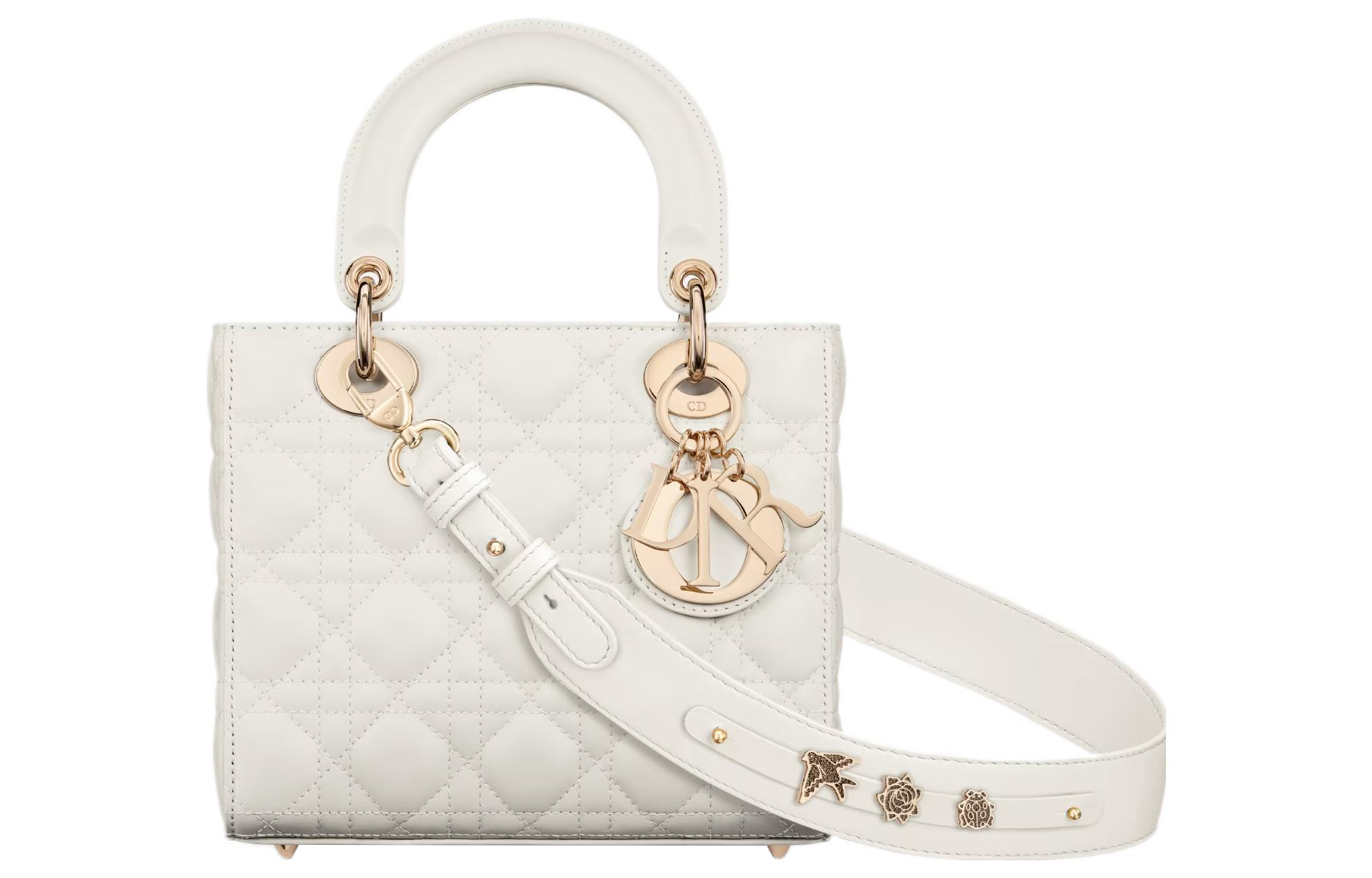 DIOR Dior Lady Dior My ABCDior light gold finish metal pendant cannage pattern lambskin Princess Diana bag shoulder crossbody handbag small size women's latte white
