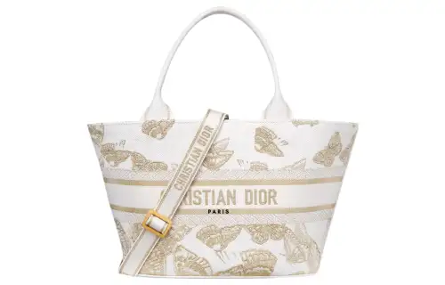DIOR Embroidery Shoulder Bag, Crossbody Bag, Handbag Women's White & Gold
