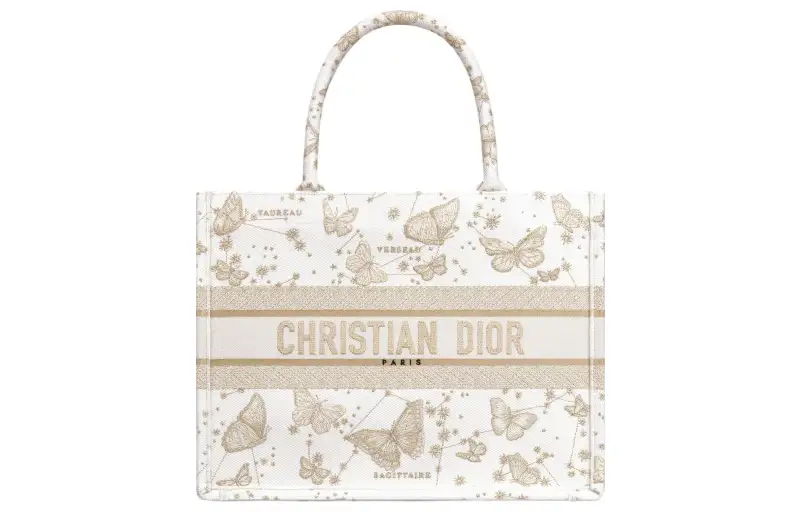 DIOR BookTote Embroidery Tote Bag, Shopping Bag, Handbag Medium Women's Gold & White