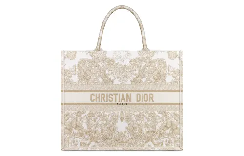 DIOR BookTote Embroidery Tote Bag, Shopping Bag, Handbag Large Women's Gold & White