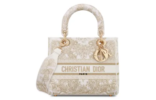DIOR Lady D Lite Embroidery Handbag, Shoulder Bag, Crossbody Bag, Handbag Medium Women's Gold & White