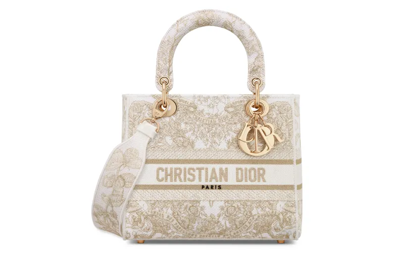 DIOR Lady D Lite Embroidery Handbag, Shoulder Bag, Crossbody Bag, Handbag Medium Women's Gold & White