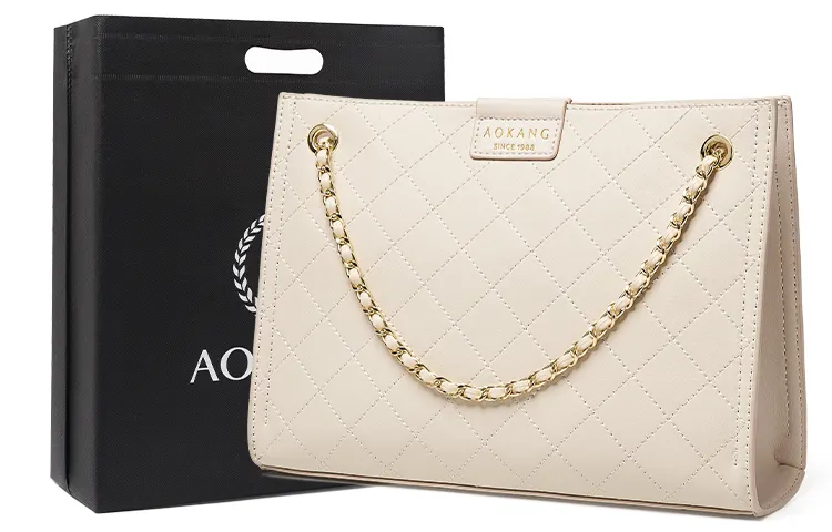 AOKANG Cow Leather Crossbody Bag, Chain Bag, Tote Bag, Underarm Bag, Shoulder Bag Women's Milkshake White/Classic Black