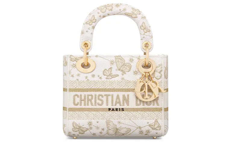 DIOR Lady D Lite Embroidery Handbag, Shoulder Bag, Crossbody Bag, Handbag Mini Women's Gold & White