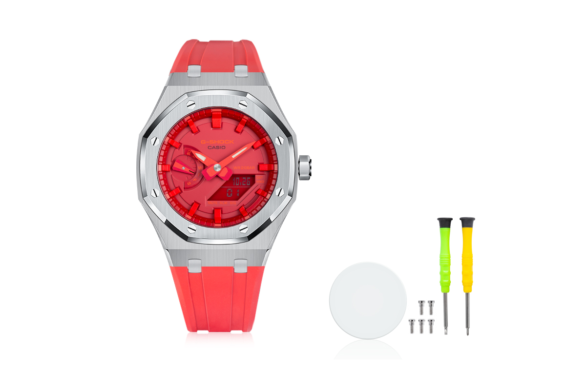 Casio, waterproof electronic rubber modified watch strap stainless steel, men's watch, red dial, custom-made, 200meter, Japanese and Korean