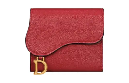 DIOR Saddle Goatskin Wallet Women's Solitary Flower Red