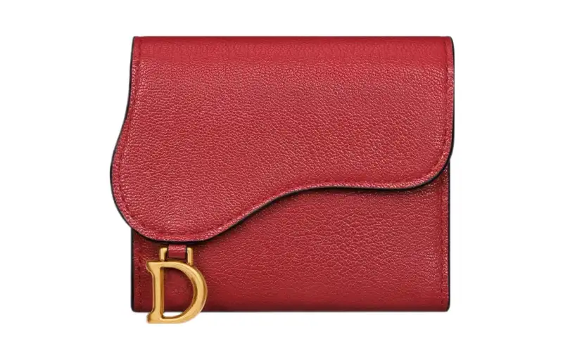 DIOR Saddle Goatskin Wallet Women's Solitary Flower Red