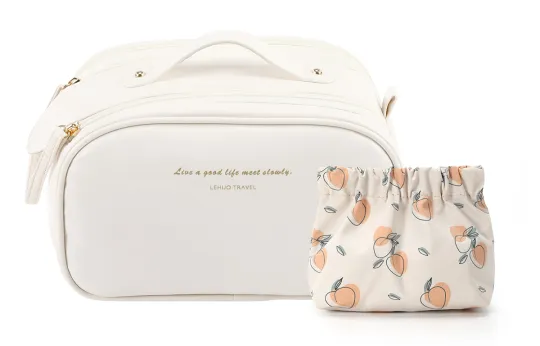 LEHUOLVXING Leather Makeup Bag Unisex White/Lotus Color