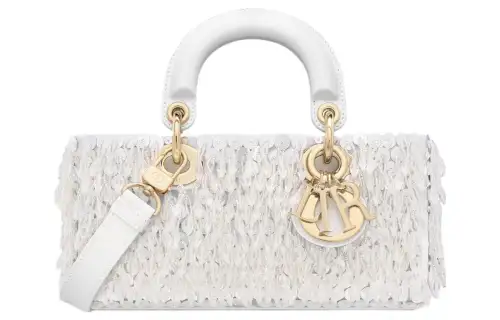 DIOR Lady D Joy Glass Bead Ornament Fringe Embroidery Handbag, Shoulder Bag, Crossbody Bag, Handbag Small Women's White