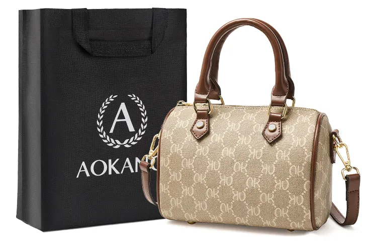AOKANG PVC Pillow Bag, Boston Bag, Crossbody Bag, Tote Bag Small Women's Coffee Brown/Cream Apricot