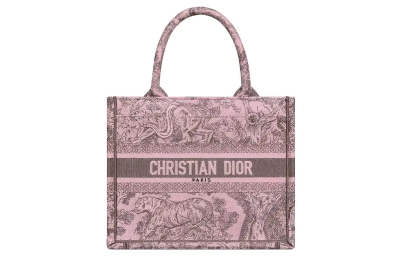 DIOR BookTote Embroidery Tote Bag, Shopping Bag, Handbag Small Women's Gray & Pink