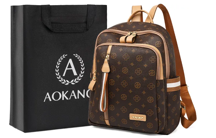 AOKANG PVC Backpack Laptop Bag Regular Women's Coffee/Ecru