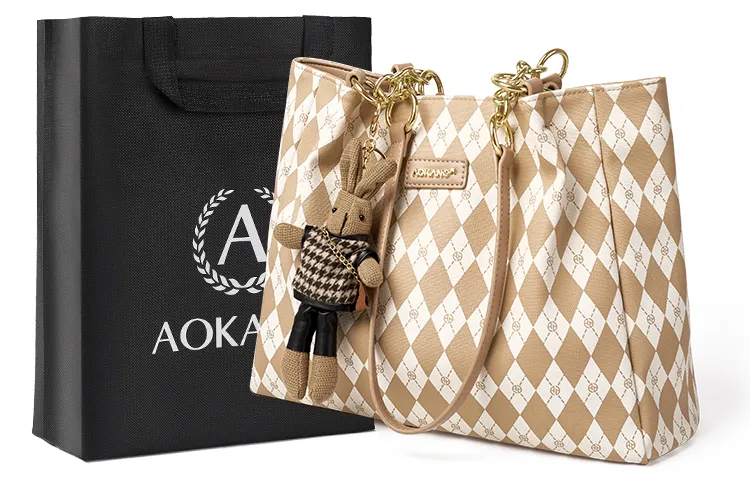 AOKANG PVC Tote Bag, Shopping Bag, Commute Bag, School Bag, Shoulder Bag Large Women's Black/Cream Apricot