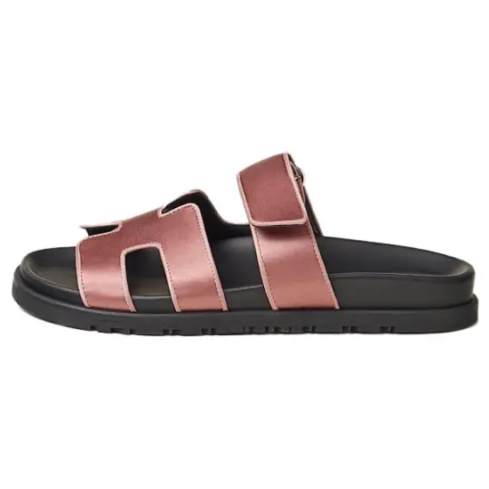 HERMES Chypre Slide Slippers Women's Black Pink