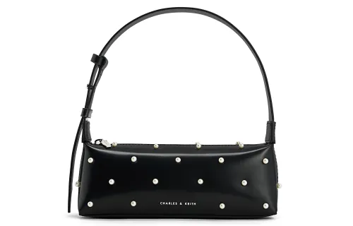 CHARLES&KEITH Pearl Cow Leather Baguette Shoulder Bag Small Women's Black