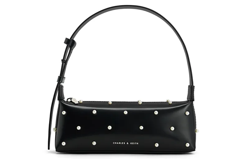 CHARLES&KEITH Pearl Cow Leather Baguette Shoulder Bag Small Women's Black