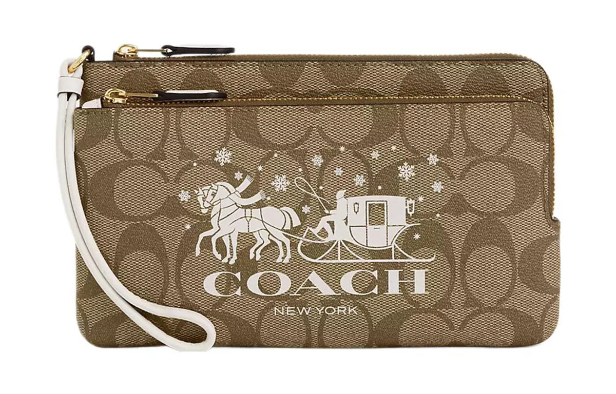 COACH Double Zip Wallet Canvas With Leather Wrist Bag Clutch Wallet Women's Khaki & Chalk