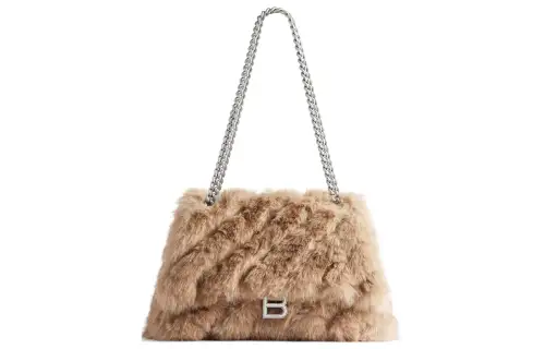 Balenciaga Crush Faux Fur Handbag, Shoulder Bag Women's Beige