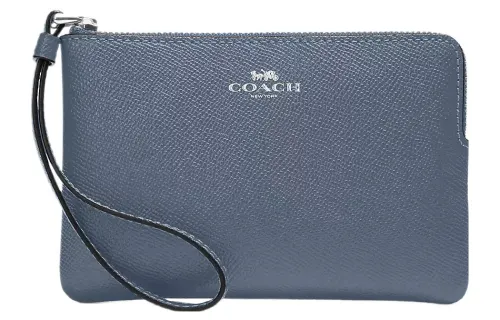 COACH Corner Zip Cross Grain Leather Wrist Bag Clutch Small Women's Silver & Light Mist