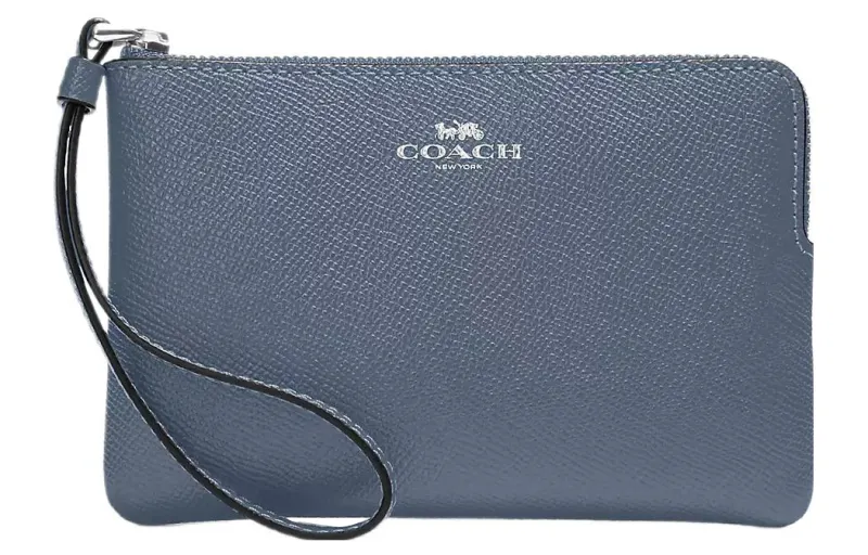 COACH Corner Zip Cross Grain Leather Wrist Bag Clutch Small Women's Silver & Light Mist