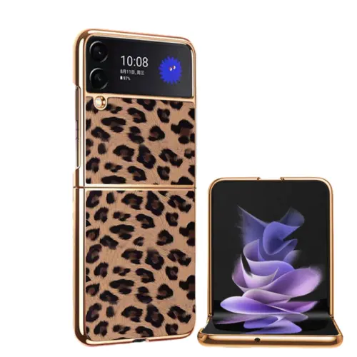 Baohuguang Genuine Leather Material Business Fashion Cool Mobile Phone Case Suitable for Samsung ZFlip 4/3 Folding Electroplated Leopard Print Trendy All-Inclusive Protection Classic European and American Anti-fall Case Feels Super Good Anti-Fingerprint Luxurious Boys and Girls