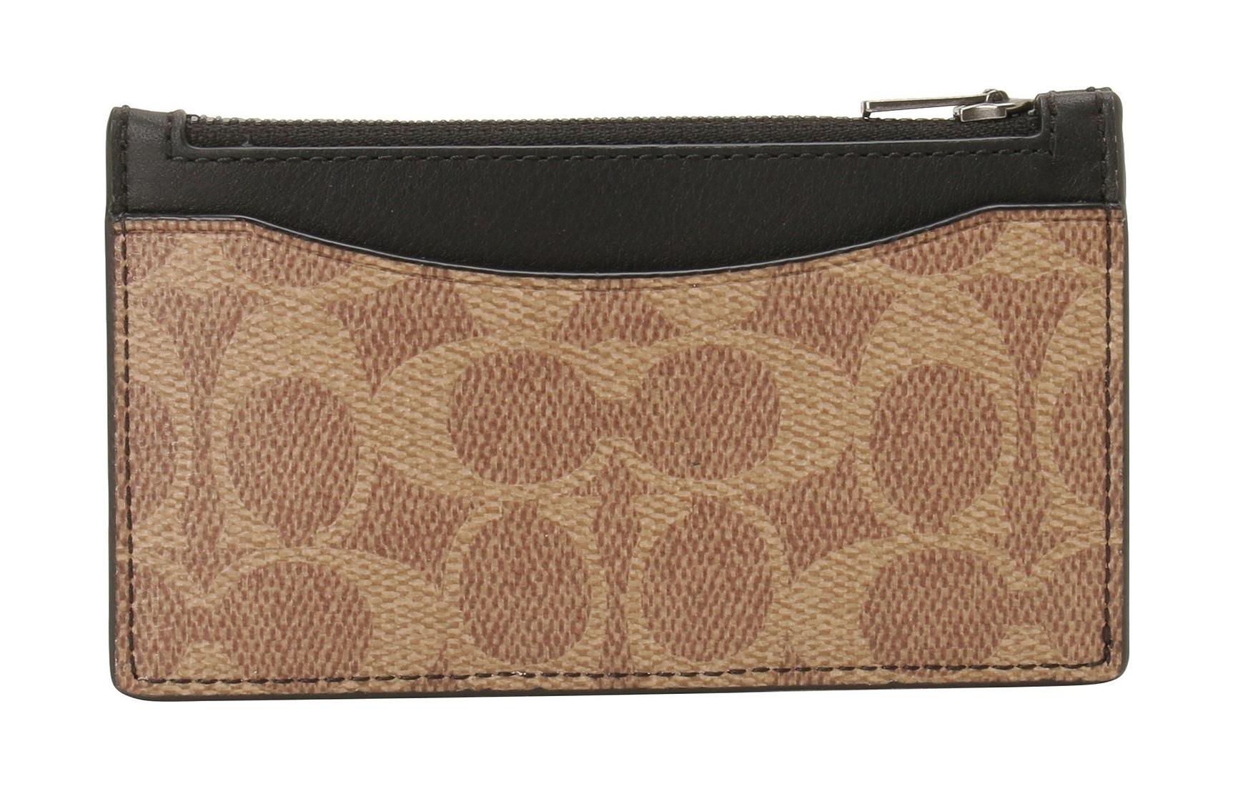 COACH Card Case Canvas With Leather Card Clip Wallet Holder Men's Khaki & Black