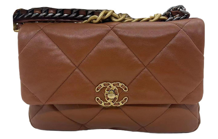 CHANEL 19Bag Shiny Lambskin Gold, Silver, Rhodium Metal Crossbody Bag, Shoulder Bag Large Women's Light Brown