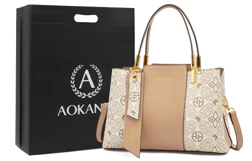 AOKANG PVC Tote Shoulder Bag, Mom Bag, Crossbody Bag, Handbag, Commuter Bag Medium Women's Apricot/Classic Black