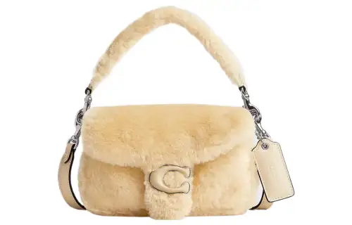 COACH Pillow Shearling Handbag, Shoulder Bag Small Women's Silver & Cream
