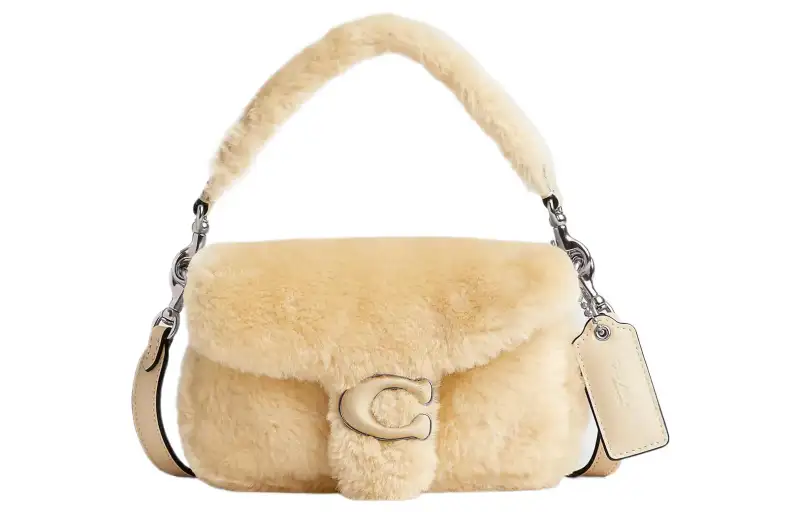 COACH Pillow Shearling Handbag, Shoulder Bag Small Women's Silver & Cream