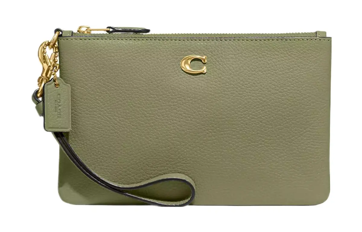 COACH Wristlet Pebble Leather Clutch Wrist Bag Small Women's Brass & Moss