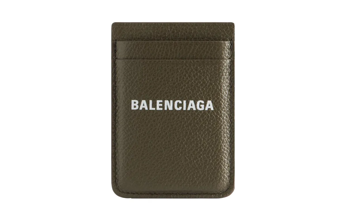 Balenciaga Grain Calfskin Card Holder Men's Dark Green & White