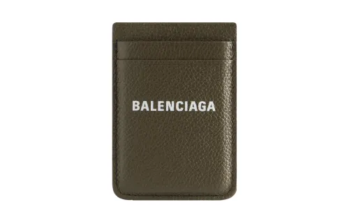 Balenciaga Grain Calfskin Card Holder Men's Dark Green & White