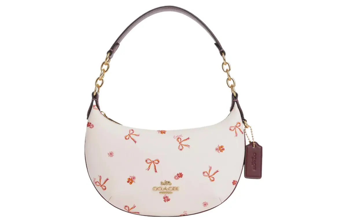 COACH Payton Canvas With Leather Crescent Bag, Handbag, Shoulder Bag Small Women's Chalk & Burgundy Multicolor