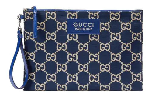 GUCCI Recycled Polyester Clutch Men's Dark Blue & Beige