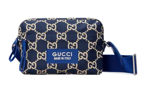 GUCCI Recycled Polyester Shoulder Bag, Crossbody Bag Medium Men's Dark Blue & Beige