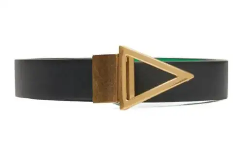 Bottega Veneta Solid Color Design Triangle Logo Smooth Buckle Calfskin Leather Belts Women's Black Width 2CM