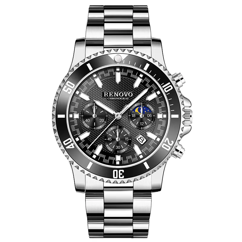 RENOVO Green Water God Quartz Movement Stainless Steel Watchband Watch Men's Watches Black Dial