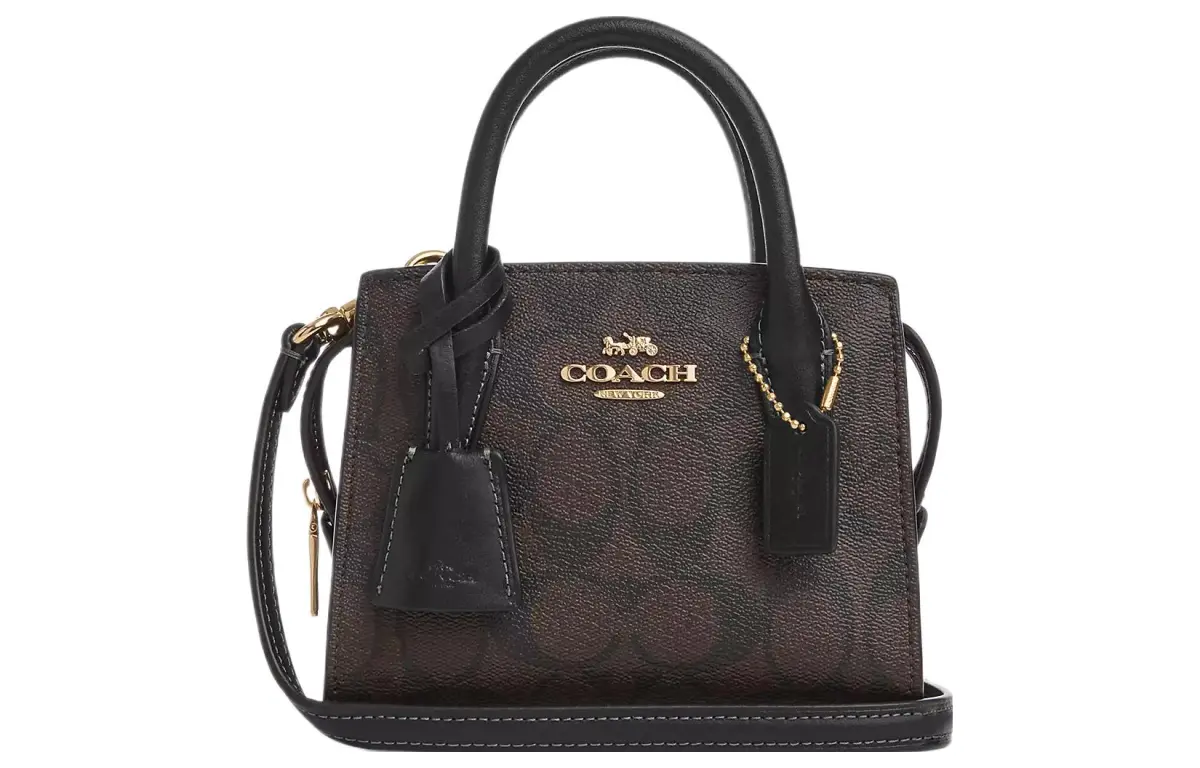 COACH Andrea Coated Canvas With Smooth Leather Tote Bag, Crossbody Bag, Handbag Mini Women's Dark Brown & Black