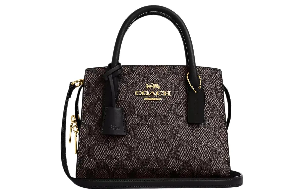 COACH ANDREA CARRYALL Coated Canvas With Smooth Leather Tote One Shoulder Handbag Small Women's Dark Brown