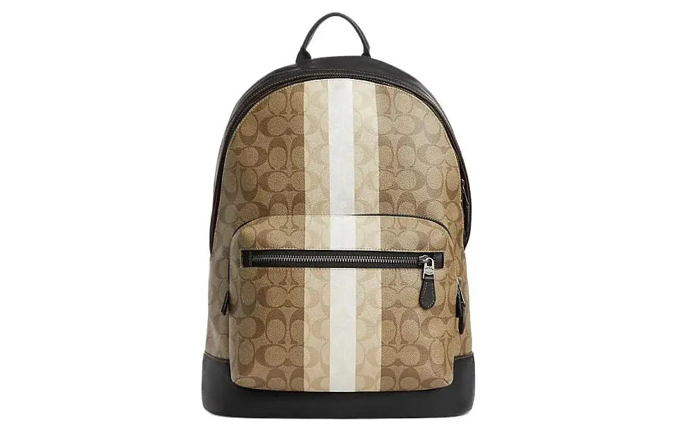 COACH West PVC With Cow Leather And Fabric Backpack Large Unisex Khaki & Mixed Color